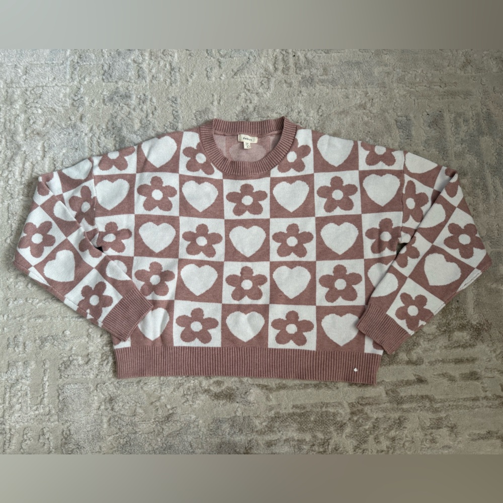 Marshalls Floral and Heart Pattern Sweater - Pink and White